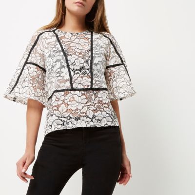 White lace floral flared sleeve top